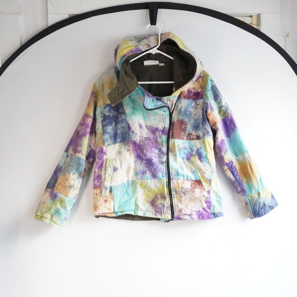 Blue Sky Fair Trade Patchwork Tie Dye Fleece Lined Hooded Jacket Y2K Small Nepal